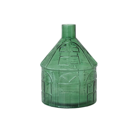 Pressed Glass House Shaped Vase, Emerald Green