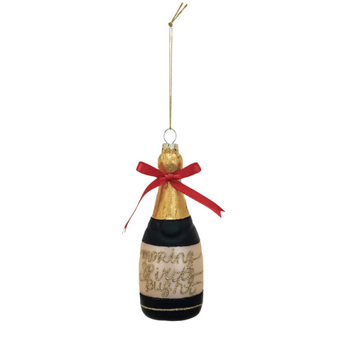 *Glass Champagne Bottle Ornament w/ Red Bow & Glitter