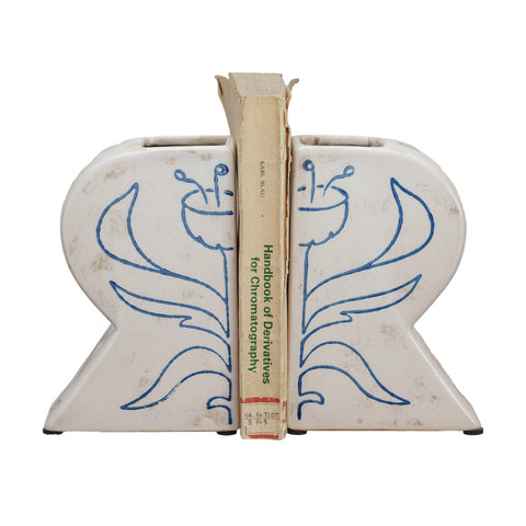 Terra-cotta Vases/Bookends w/ Hand-Painted Flower, Set of 2