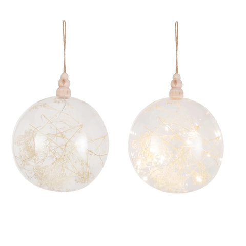 *Glass & Wood LED Ball Ornament w/ Dried Botanicals