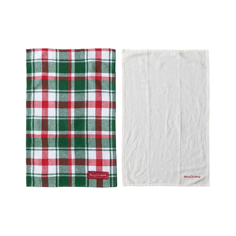 Brushed Cotton Flannel & Linen Tea Towels, 2 Styles, Set of 2 Tied w/ Twine & Bells