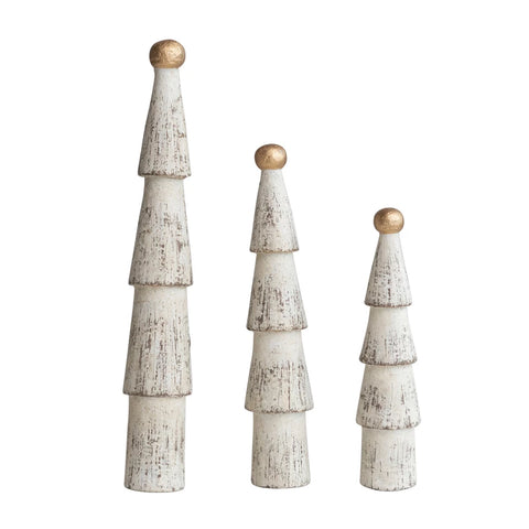 *Handmade Paper Mache Trees w/ Gold Ball Top, Distressed Cream Color, Set of 3