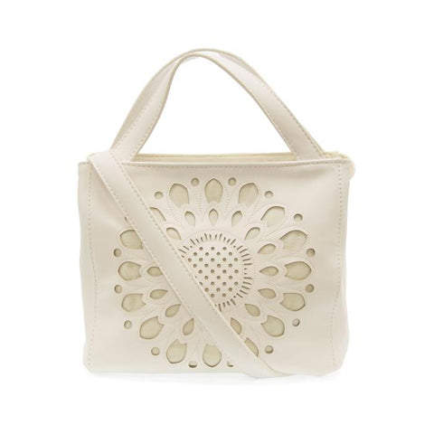 White flora laser cut out crossbody tote