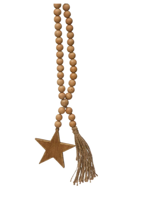 Wood Beads with Star Icon and Jute Tassel